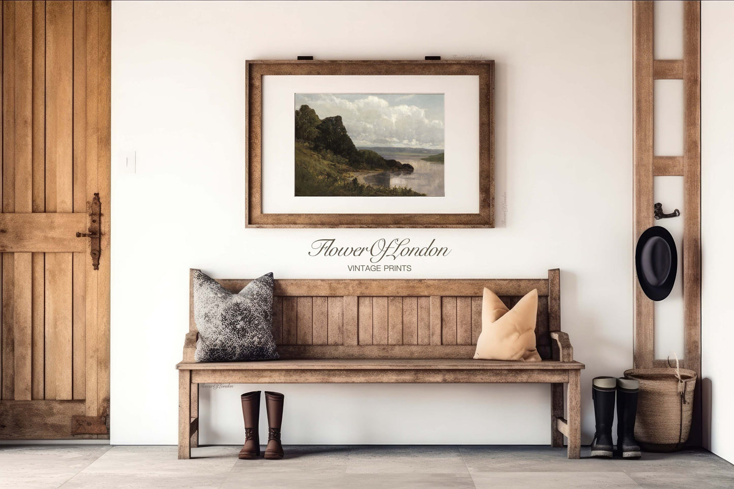 a wooden bench sitting under a picture on a wall