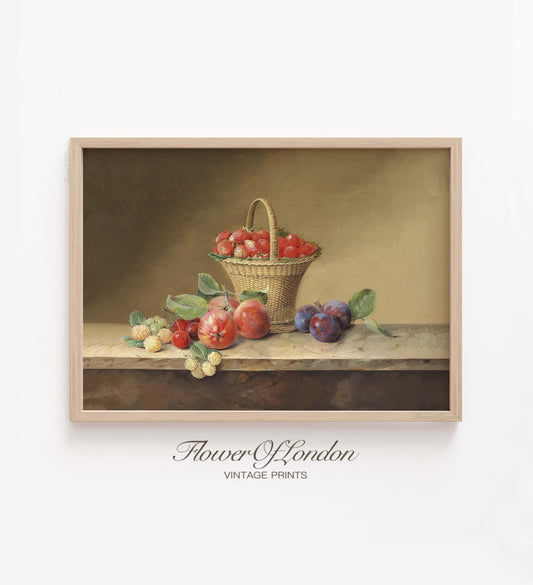 Vintage Fruits Basket Kitchen Print, Woven Hay Basket with Fruits Kitchen Still Life, #143