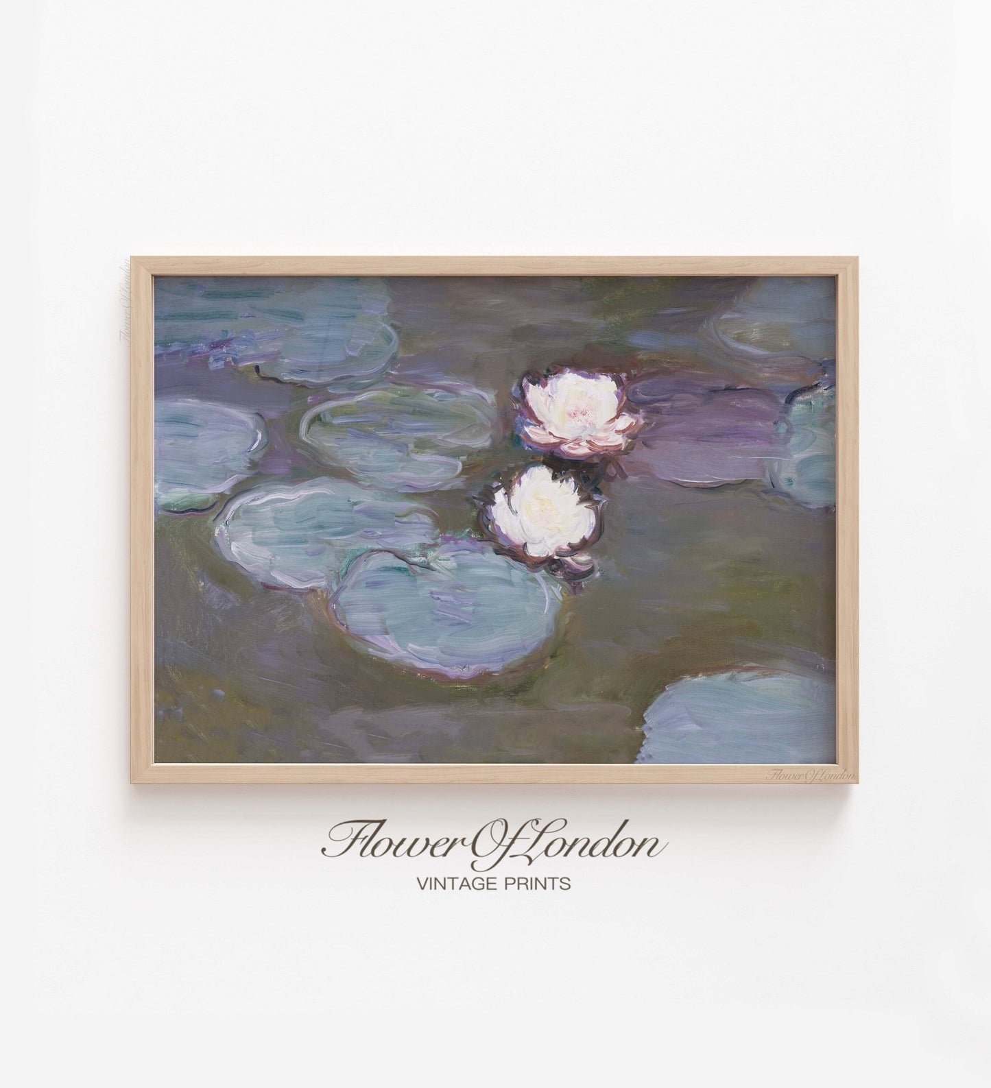 Waterlilies Print, Vintage Muted Water Lilies Still Life Flowers Oil Painting Botanical, #153