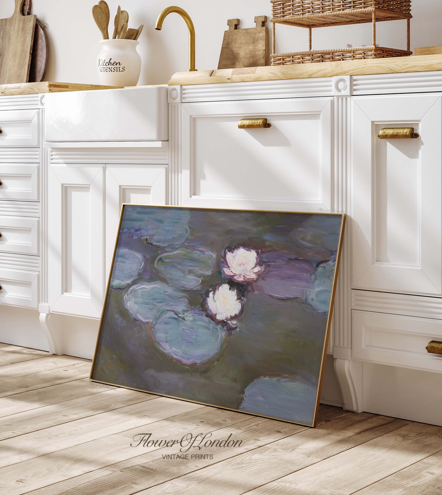 a painting of a water lily in a kitchen