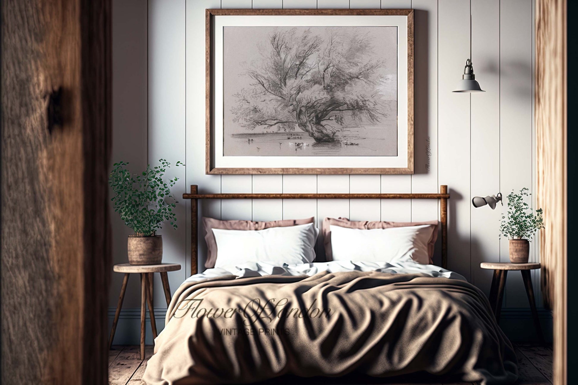 a bedroom with a picture hanging above the bed