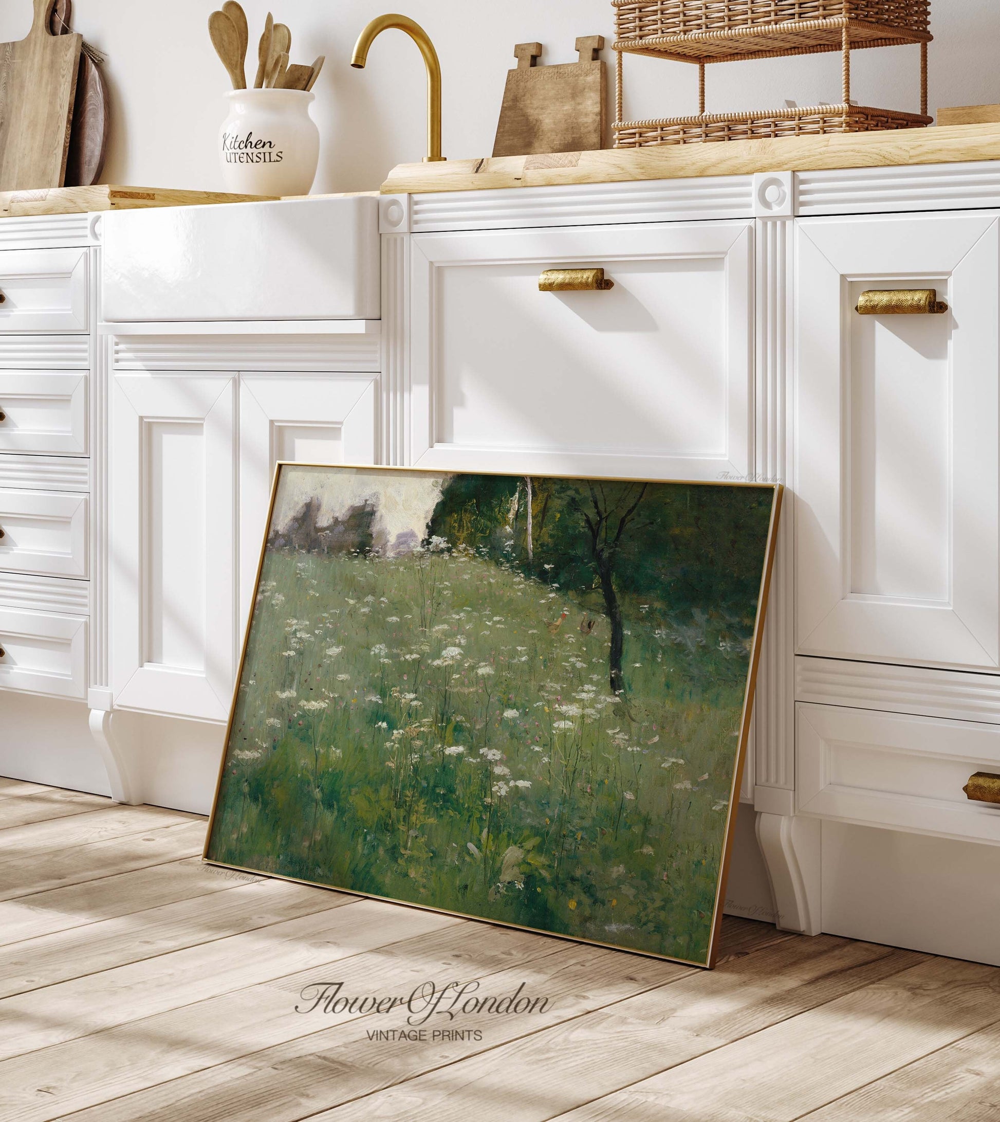 a painting of a field of daisies in a kitchen