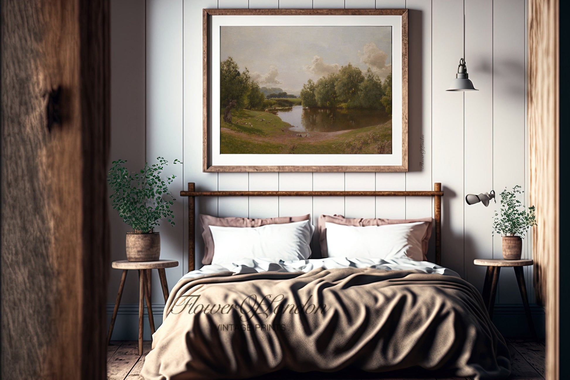 a bedroom with a bed and a painting on the wall