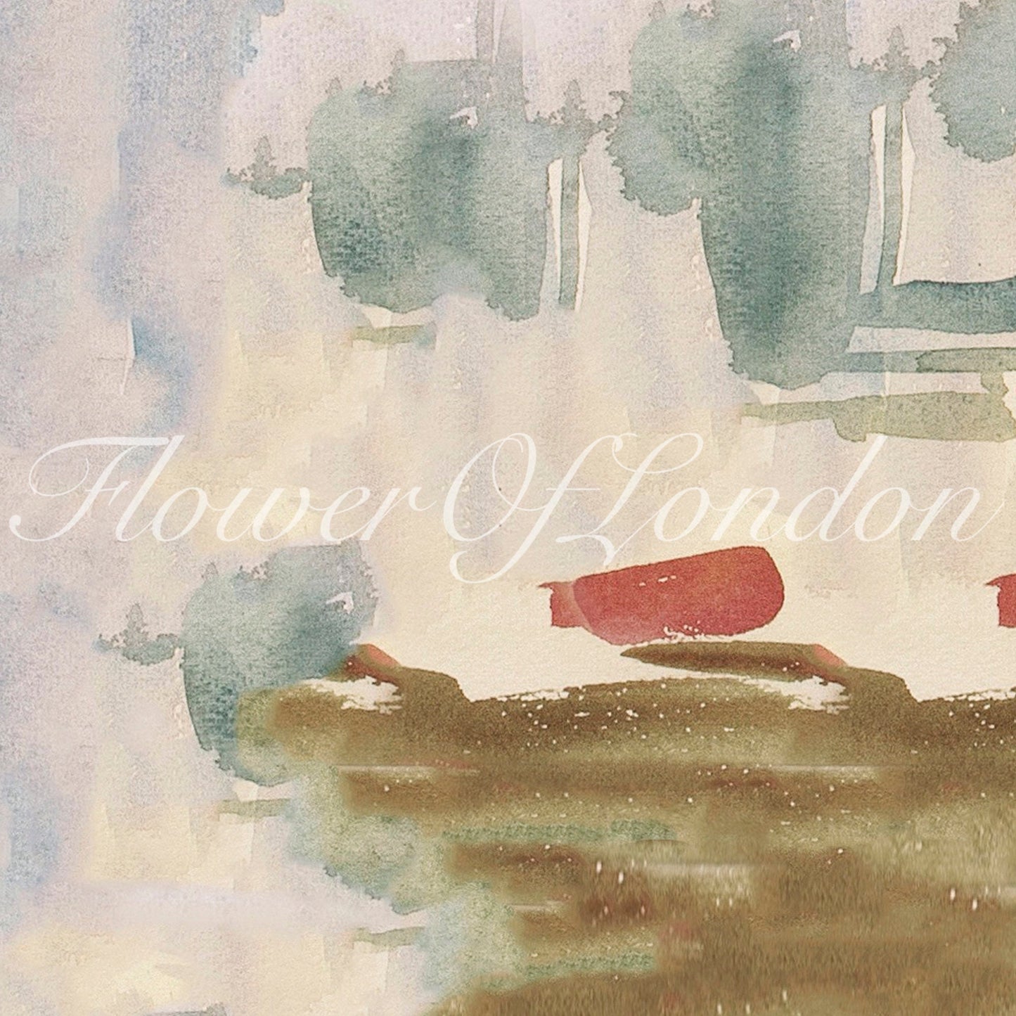 a watercolor painting of trees and a river with the words tower of london written