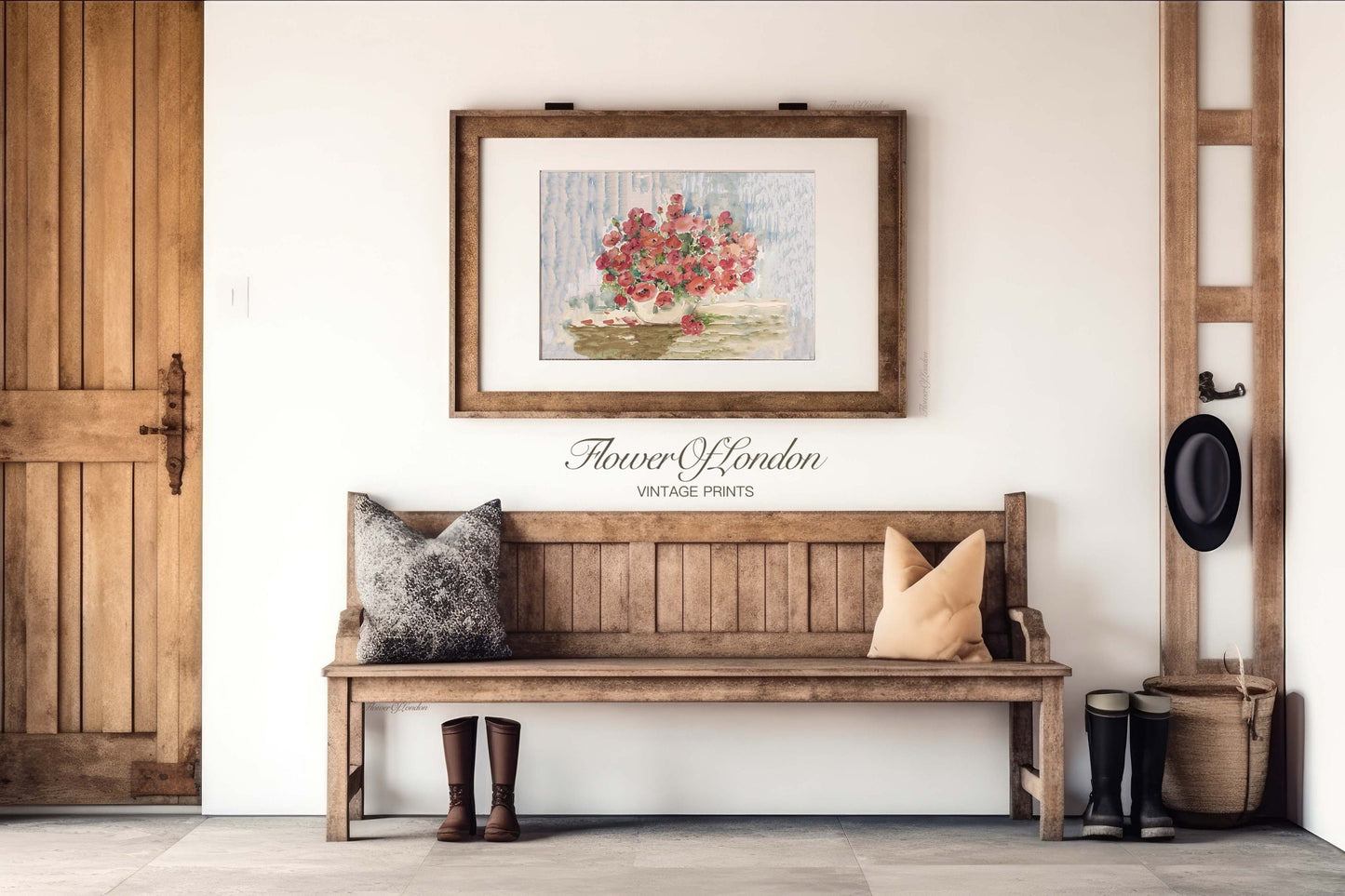 a wooden bench sitting under a picture on a wall