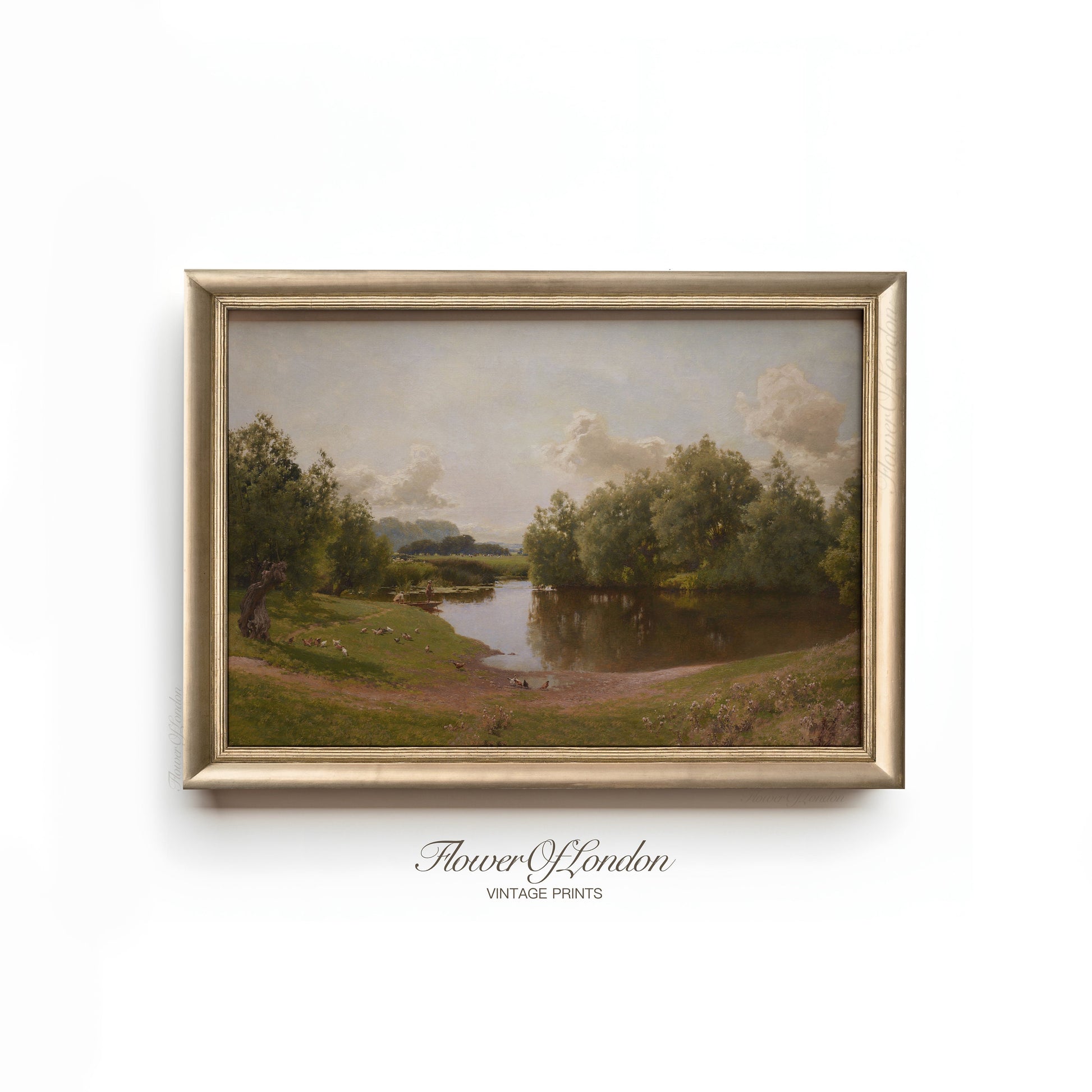 a painting hanging on a wall of a river