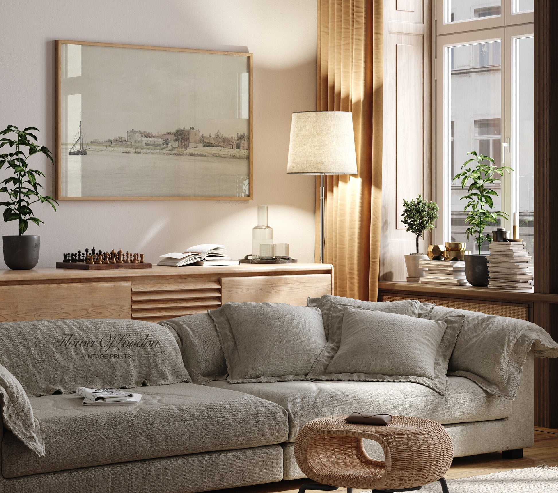 a living room filled with furniture and a large window