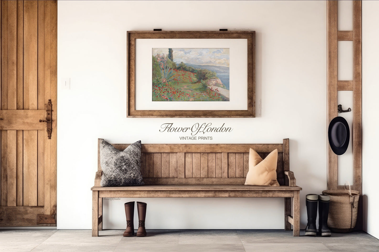 a wooden bench sitting under a picture on a wall