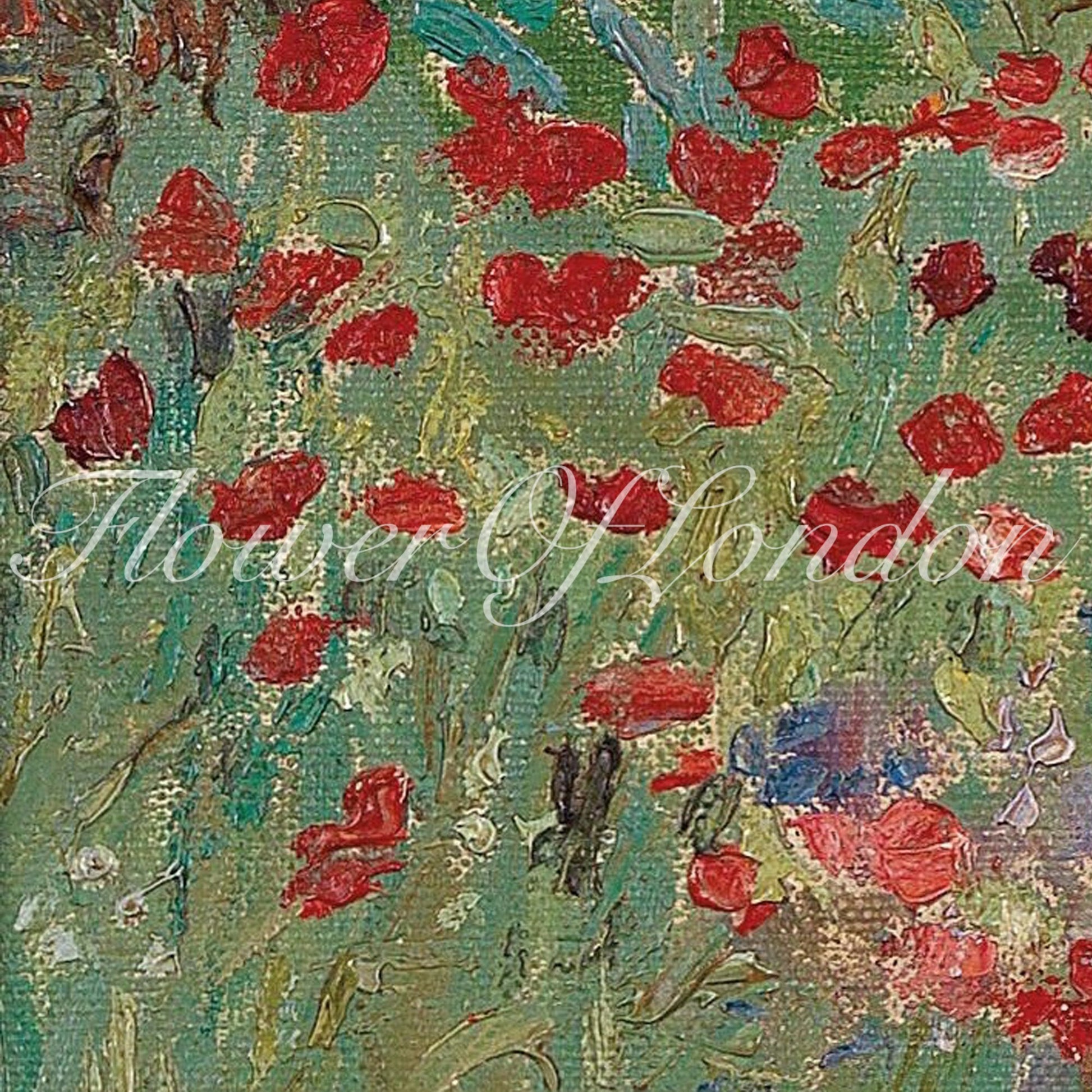 a painting of red flowers on a green background