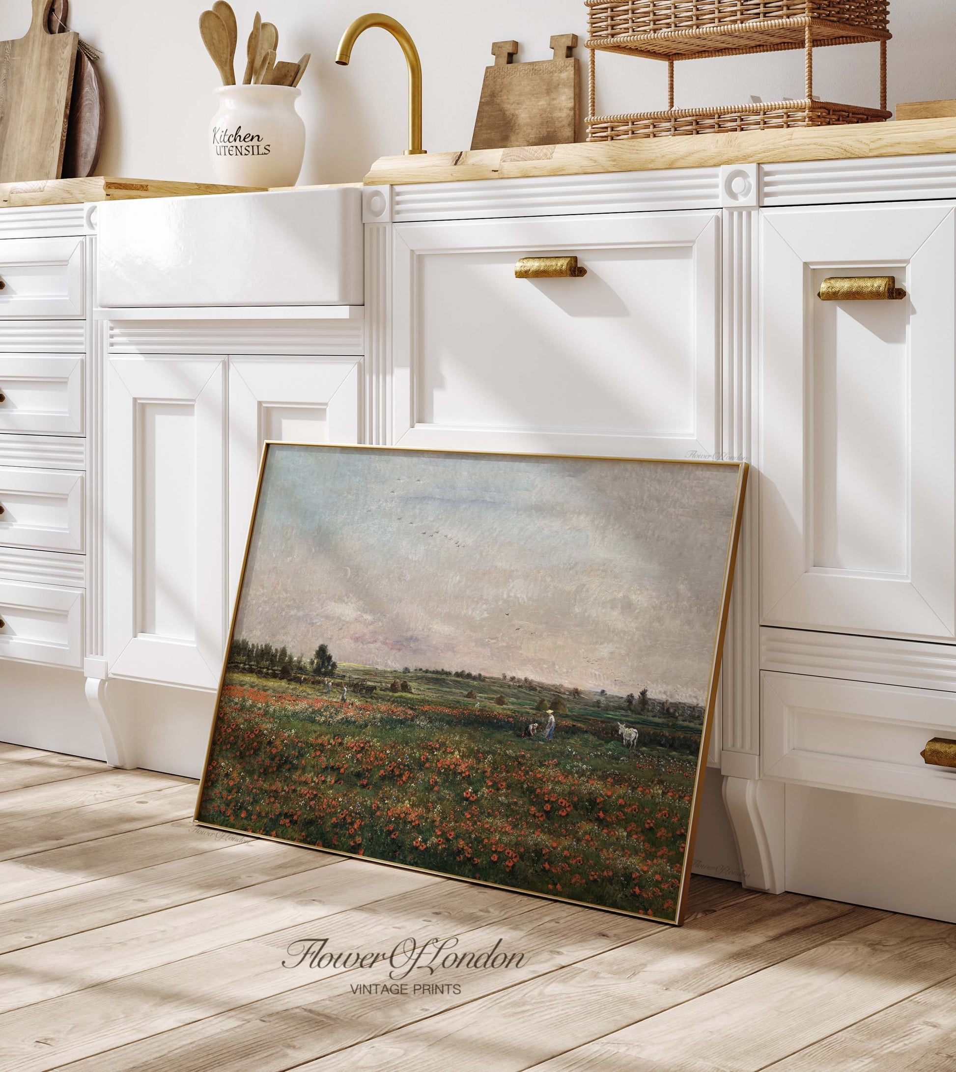 a painting of a field of flowers in a kitchen