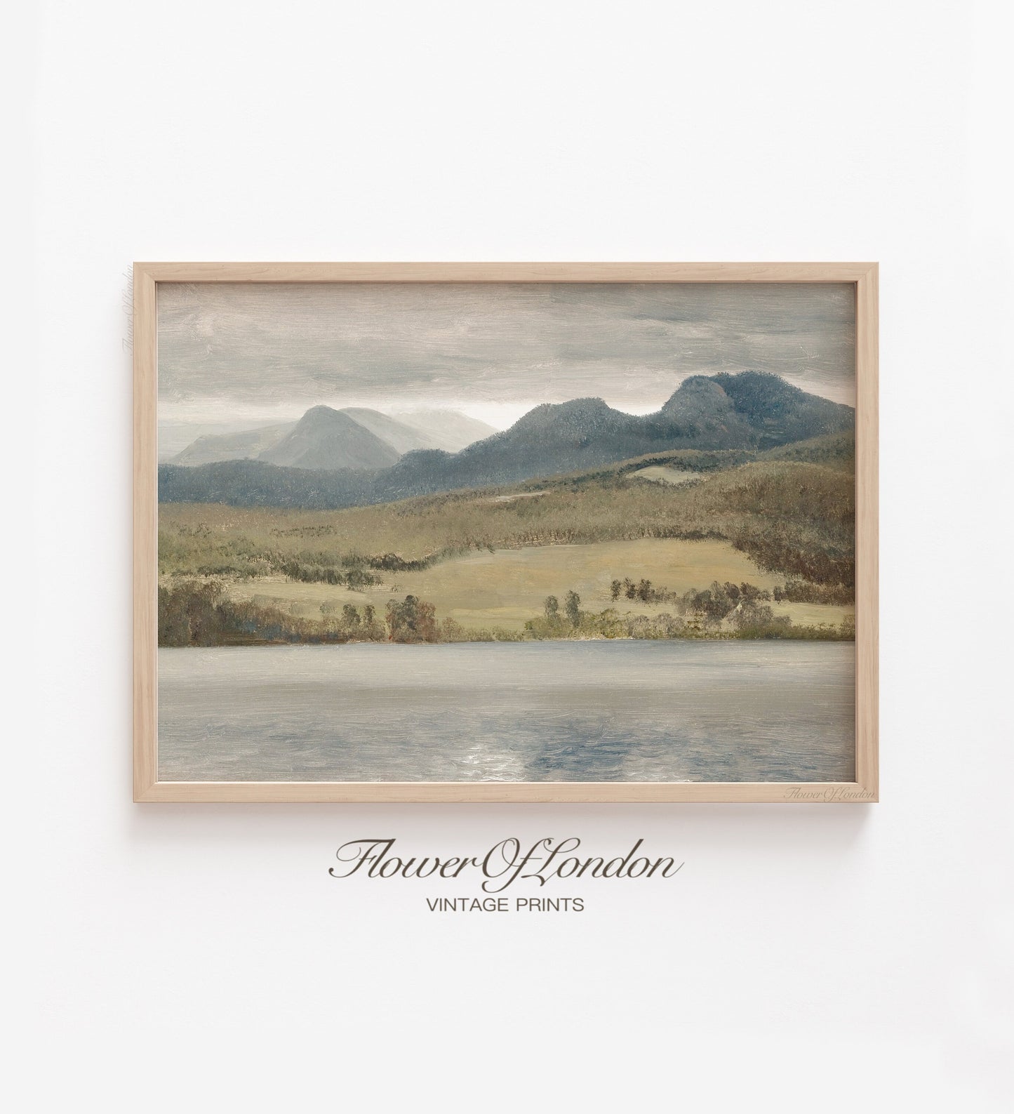 Moody Lake Print, Vintage Neutral Simple Seascape Mountains Landscape, #150