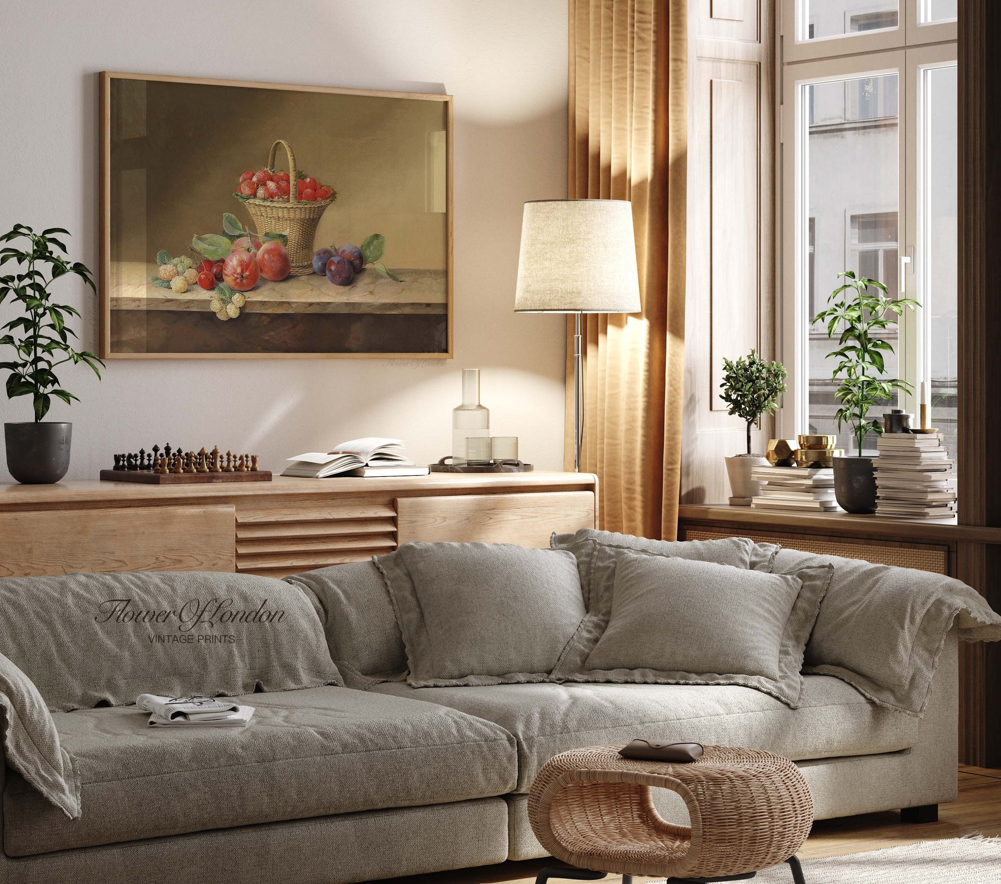 a living room filled with furniture and a painting on the wall