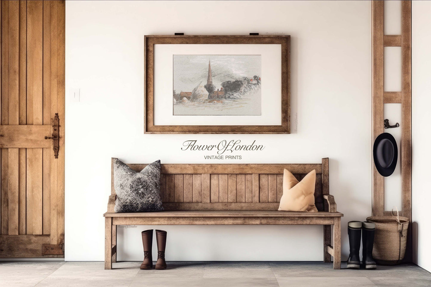 a wooden bench sitting under a picture on a wall