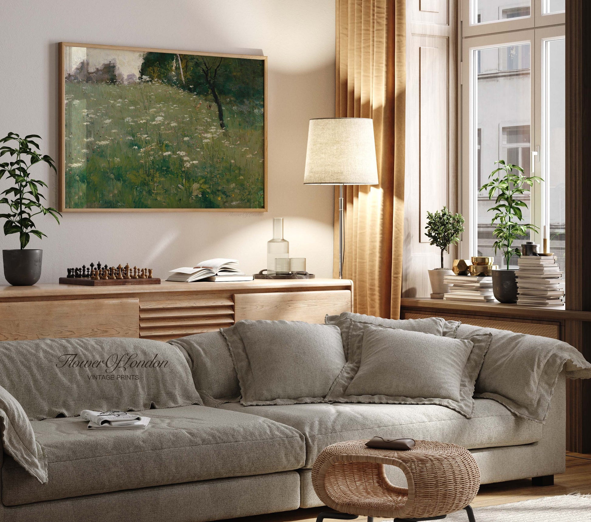 a living room filled with furniture and a painting on the wall