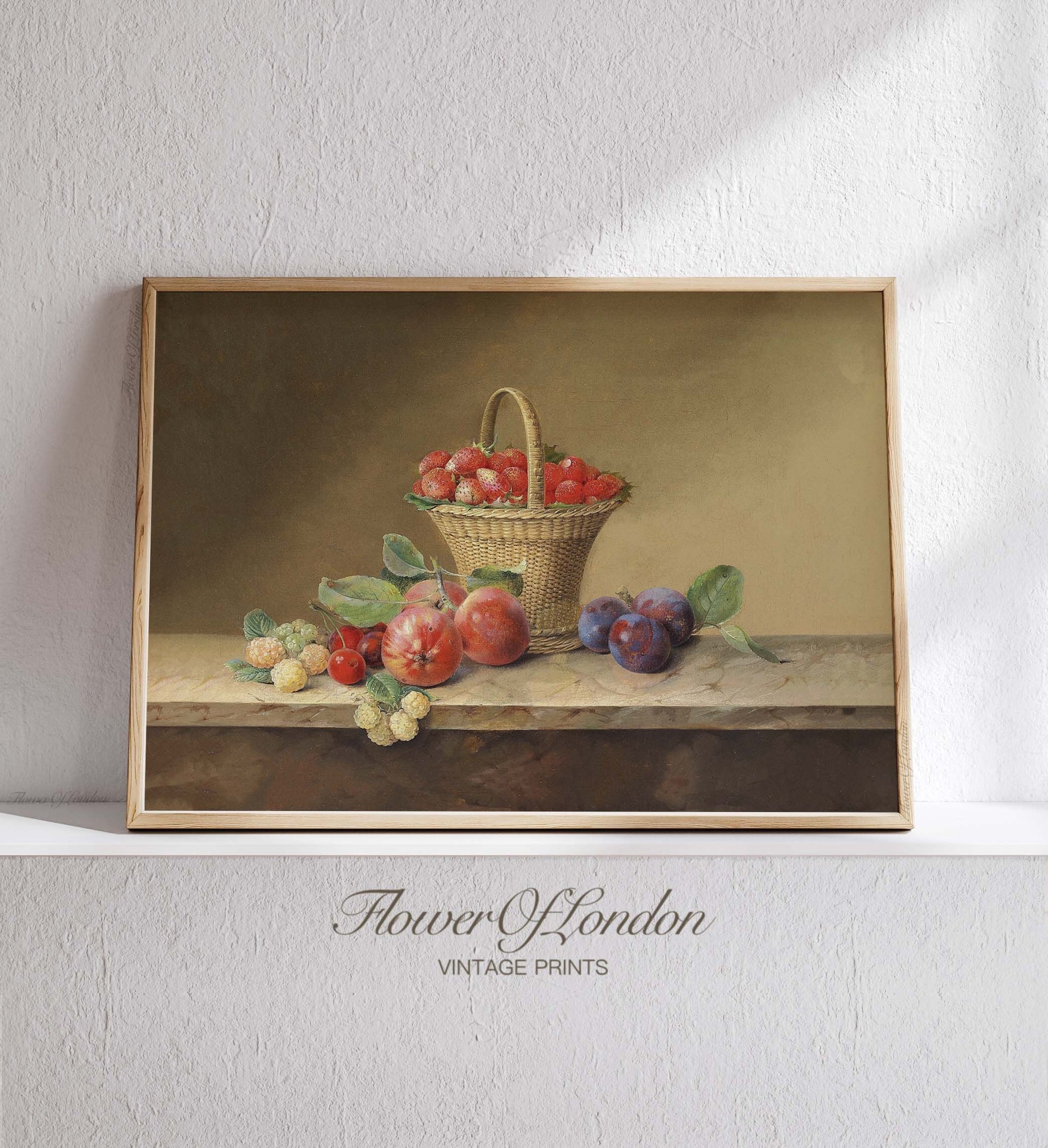 a painting of a basket of fruit on a shelf