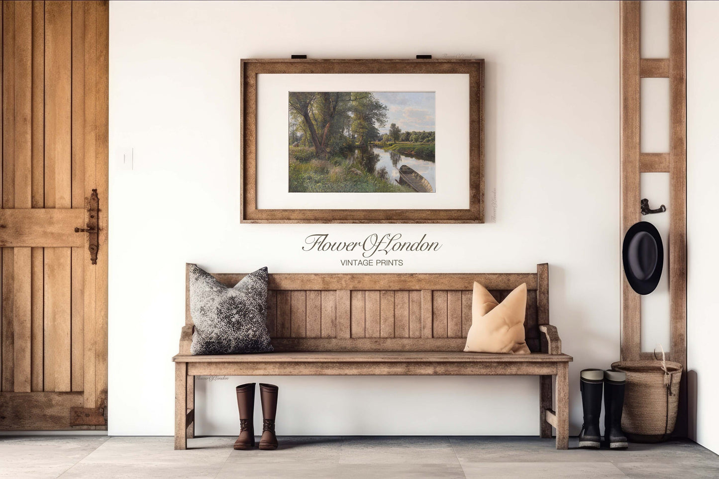 a wooden bench sitting under a framed picture