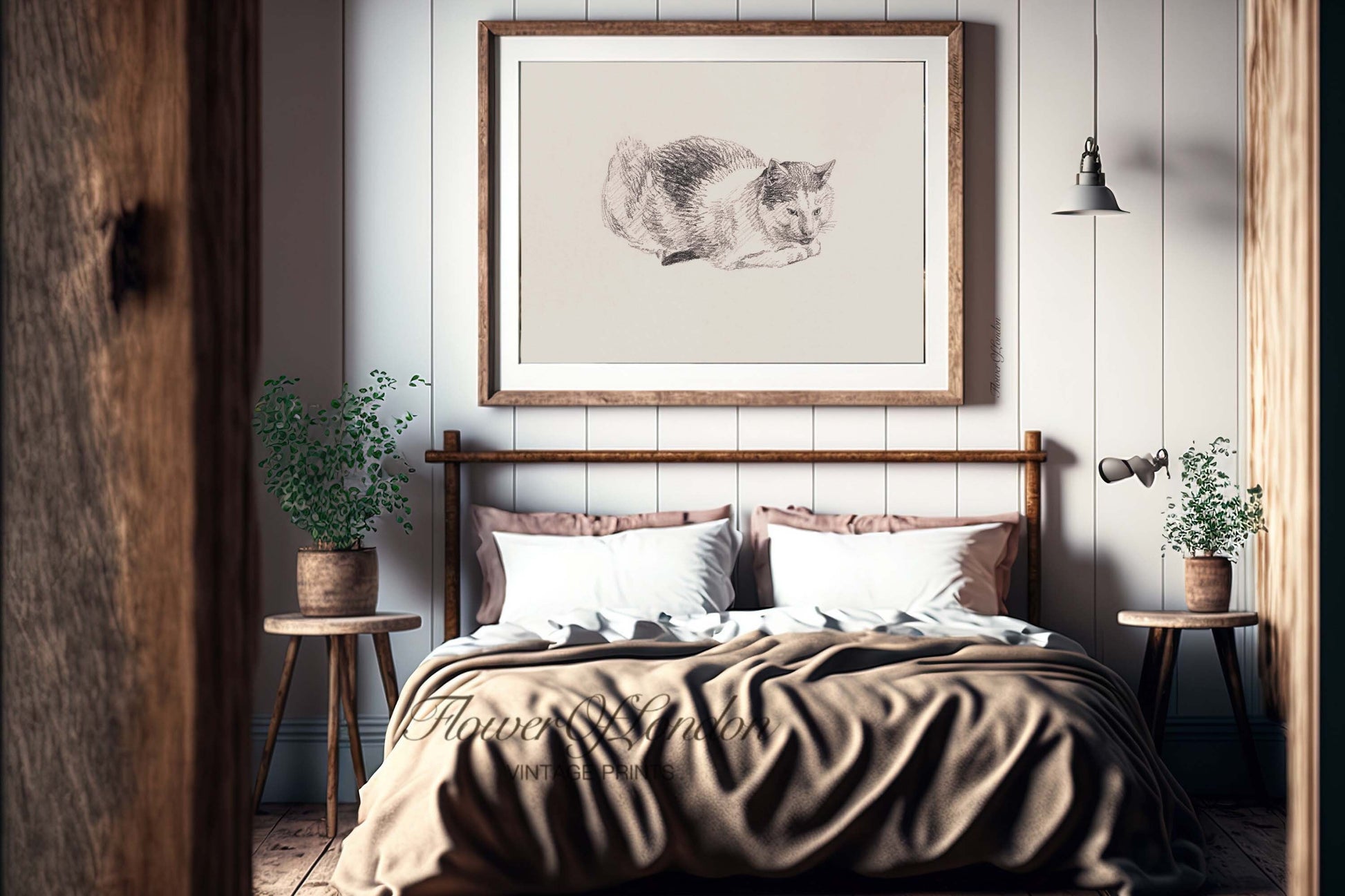 a bedroom with a picture of a cat hanging above the bed