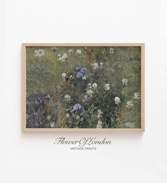 Wildflowers Field Print, Vintage Summer Meadow Blossoming Clover, #217