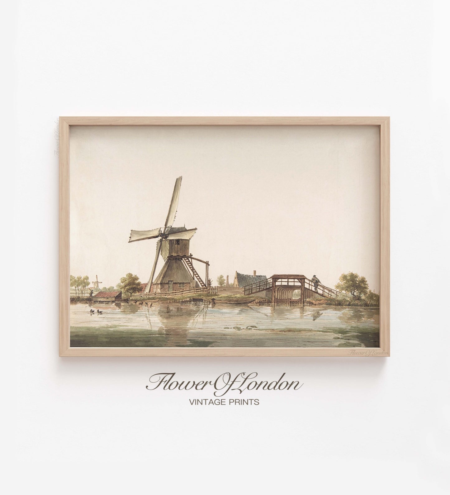 Windmills Landscape Print, Vintage Village Lake Painting Spring Neutral Riverbank, #219