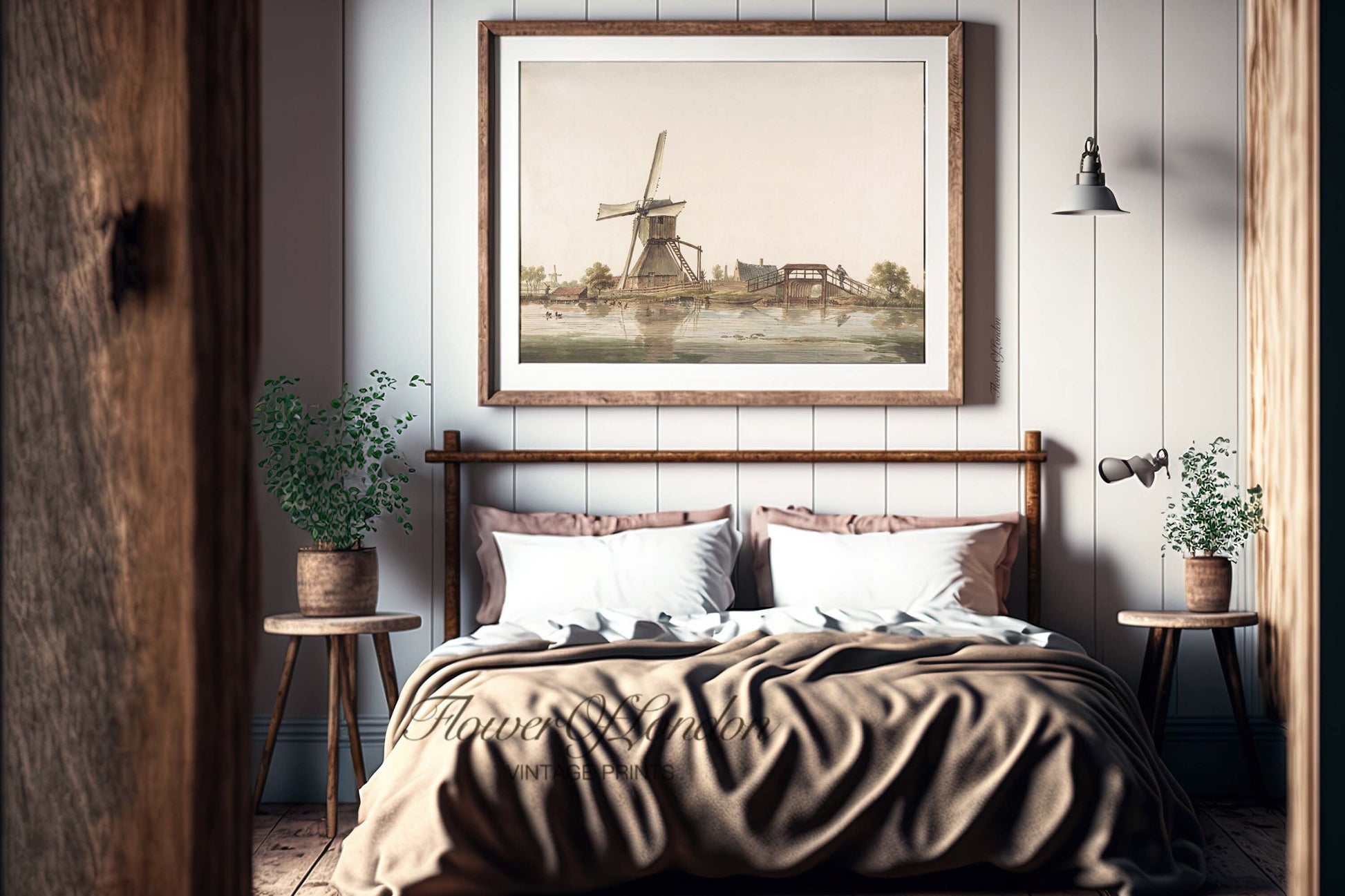 a bedroom with a picture of a windmill on the wall