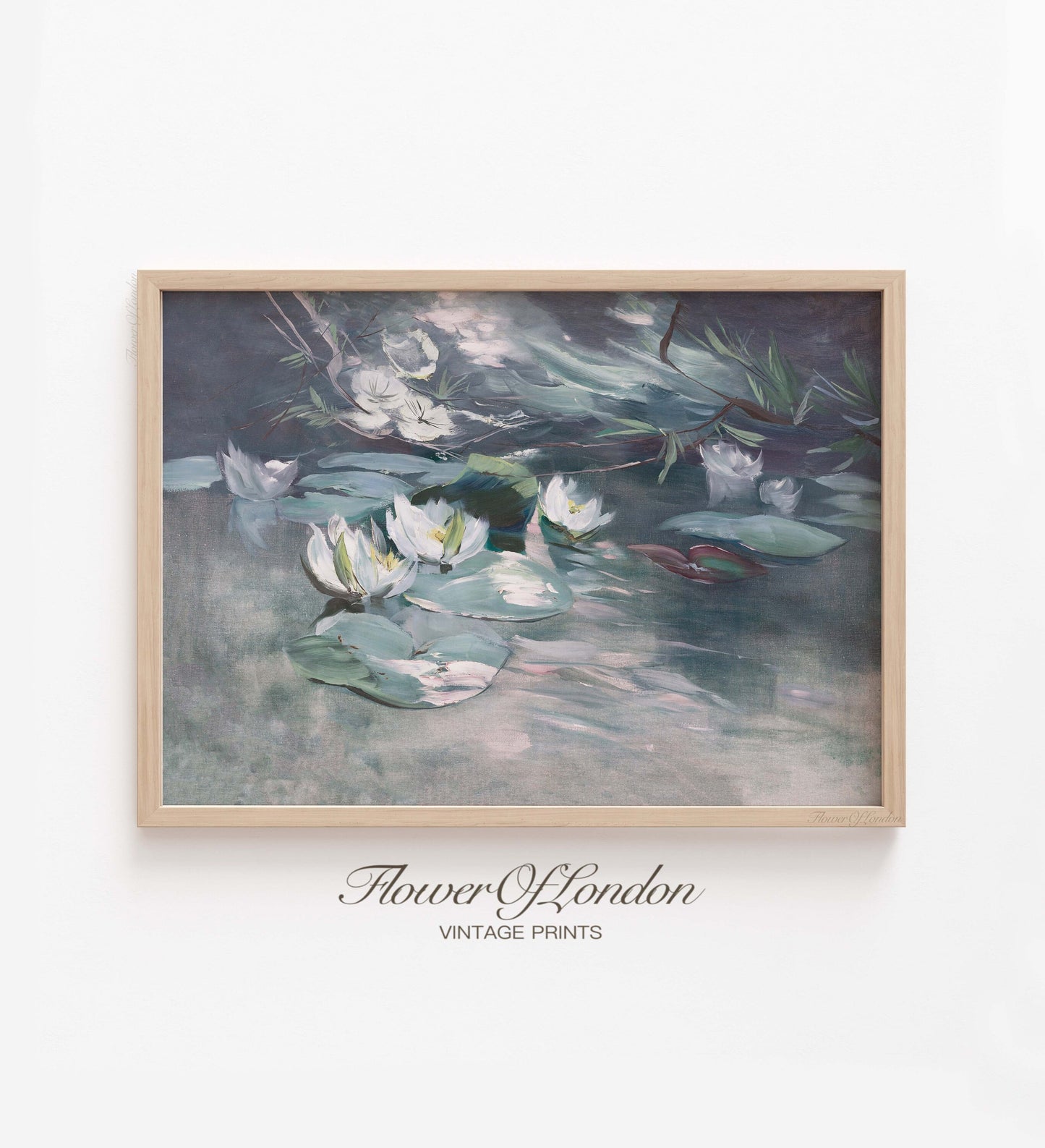 Blossoming Flowers Print, Neutral Vintage Summer Waterlilies in a Pond, #155