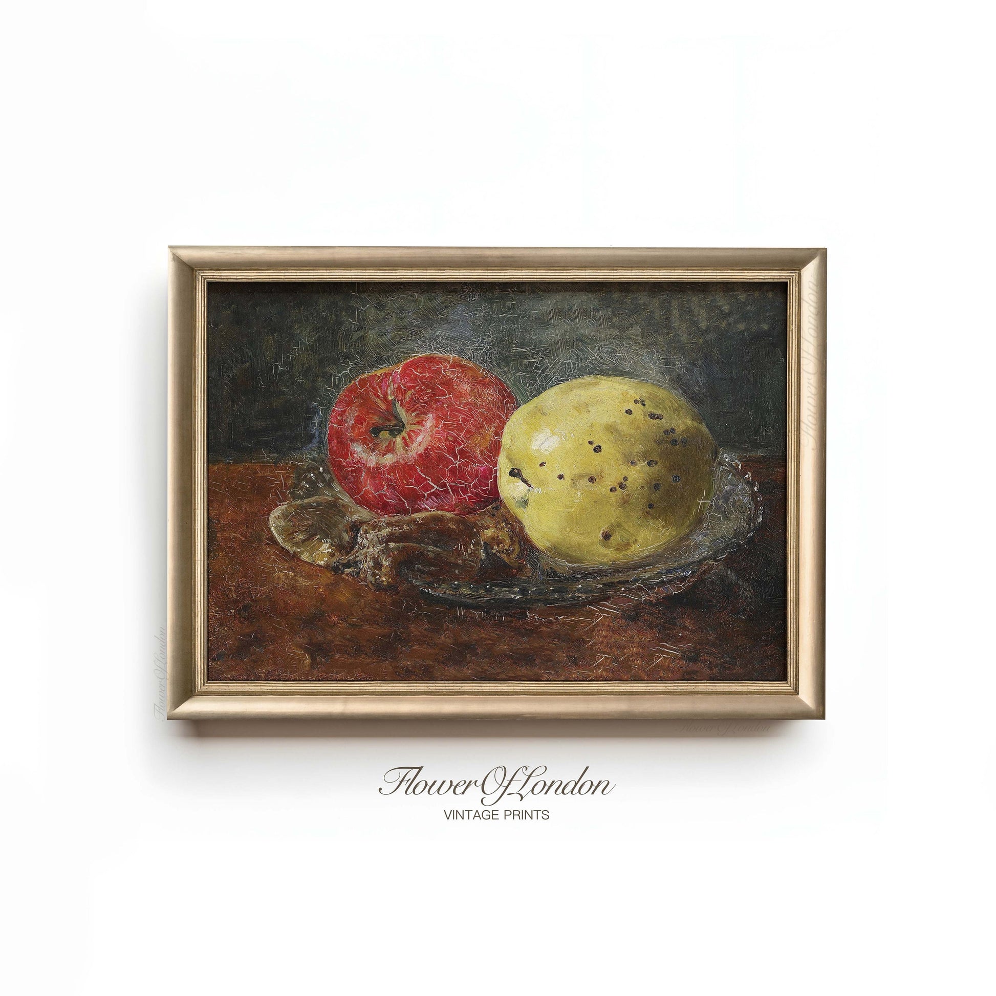 a painting of two apples and a banana on a table