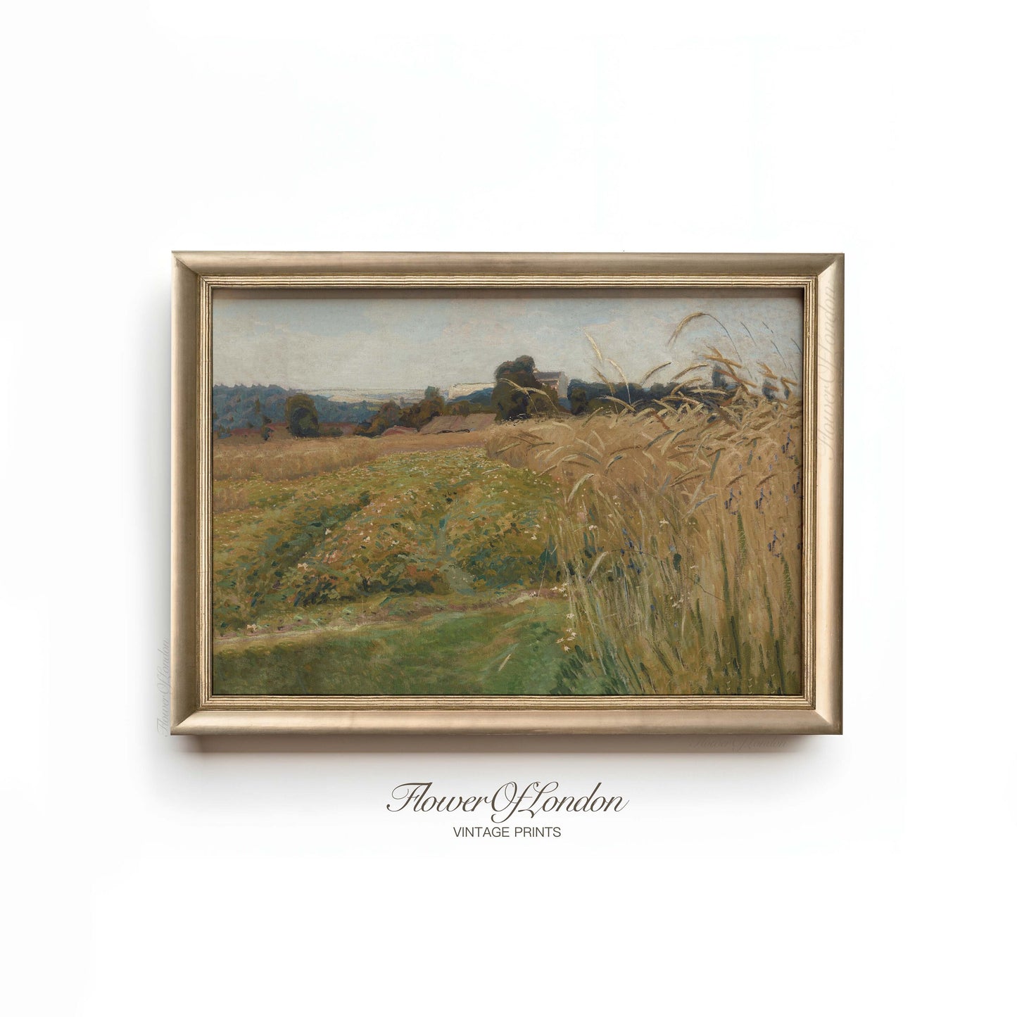 a painting of a field with a house in the background