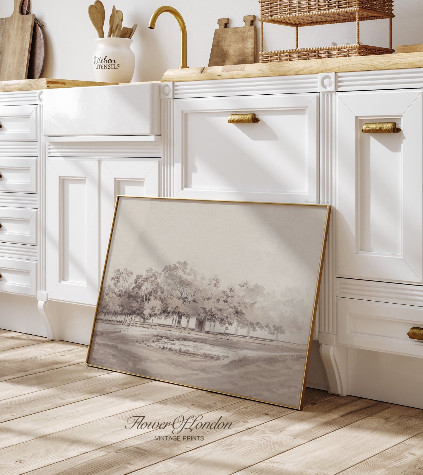 a picture frame sitting on the floor in a kitchen