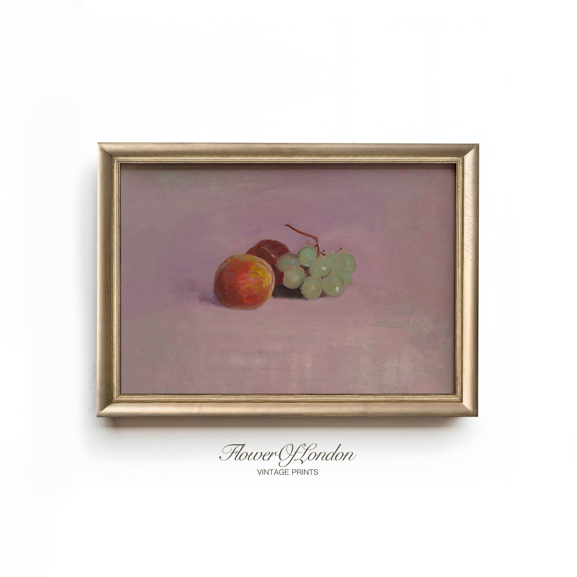 a painting of a peach and grapes on a pink background