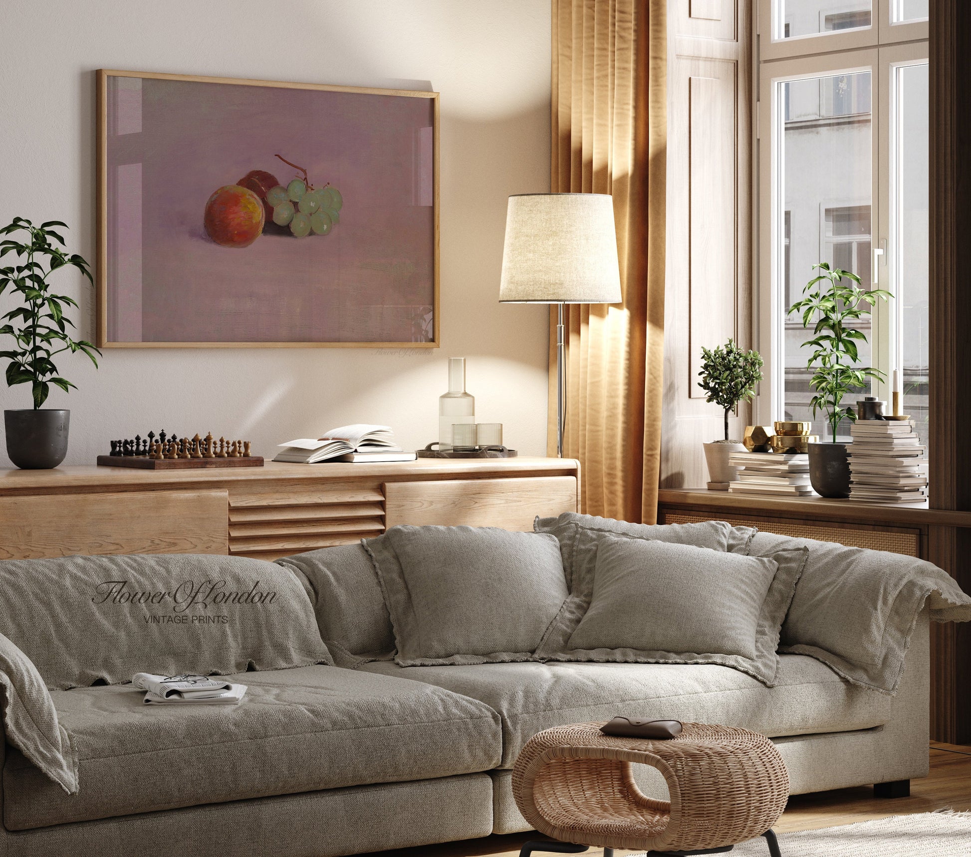 a living room filled with furniture and a painting on the wall