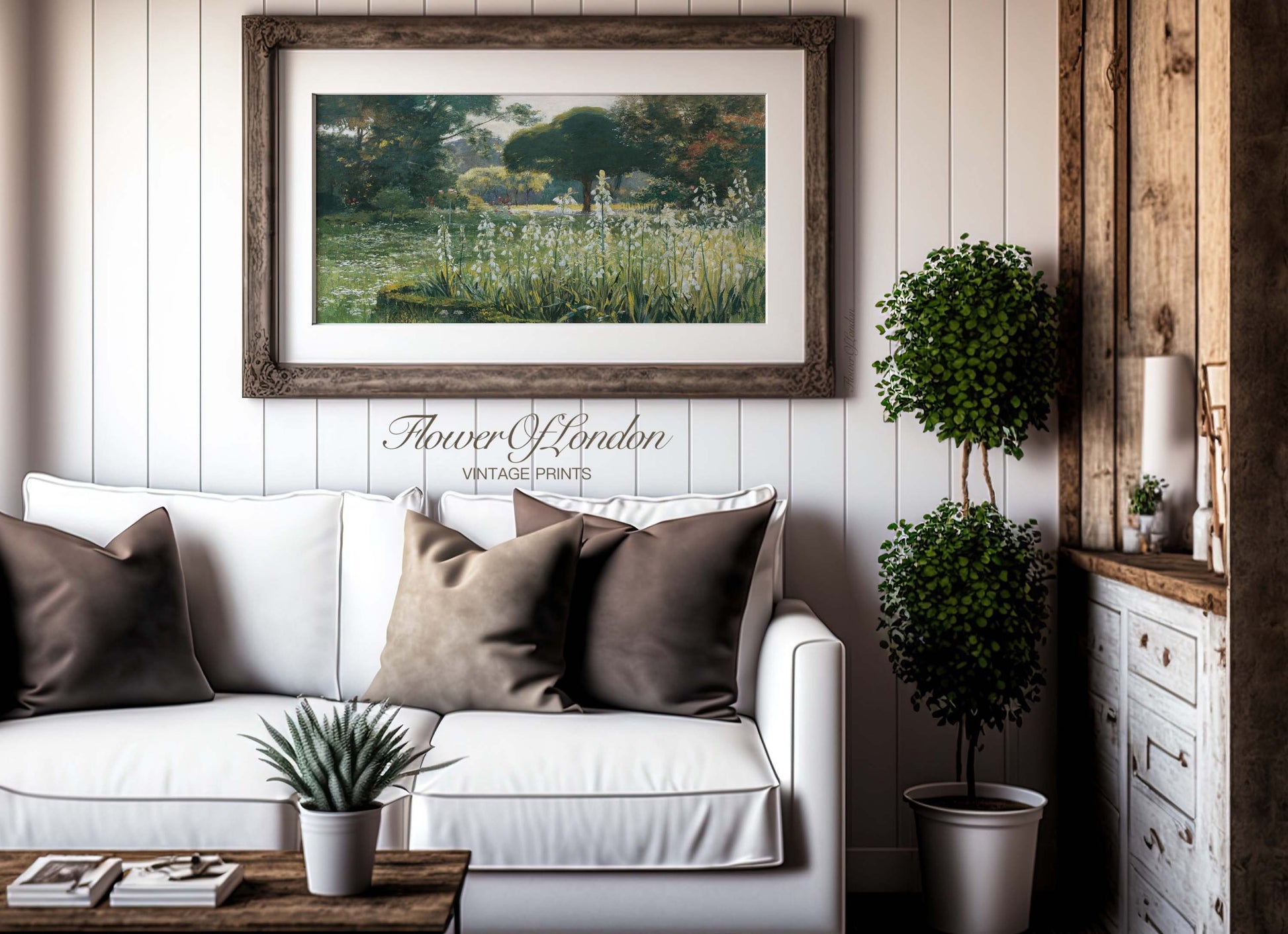 a living room with a white couch and a potted plant