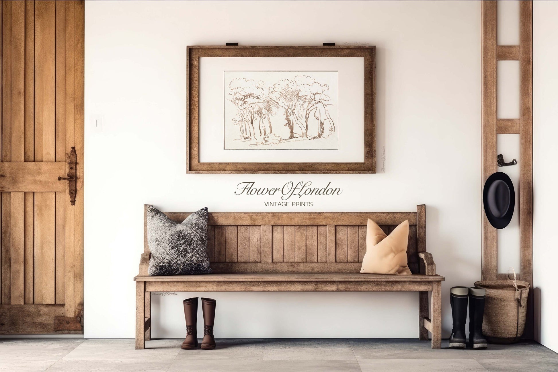 a wooden bench sitting under a picture on a wall