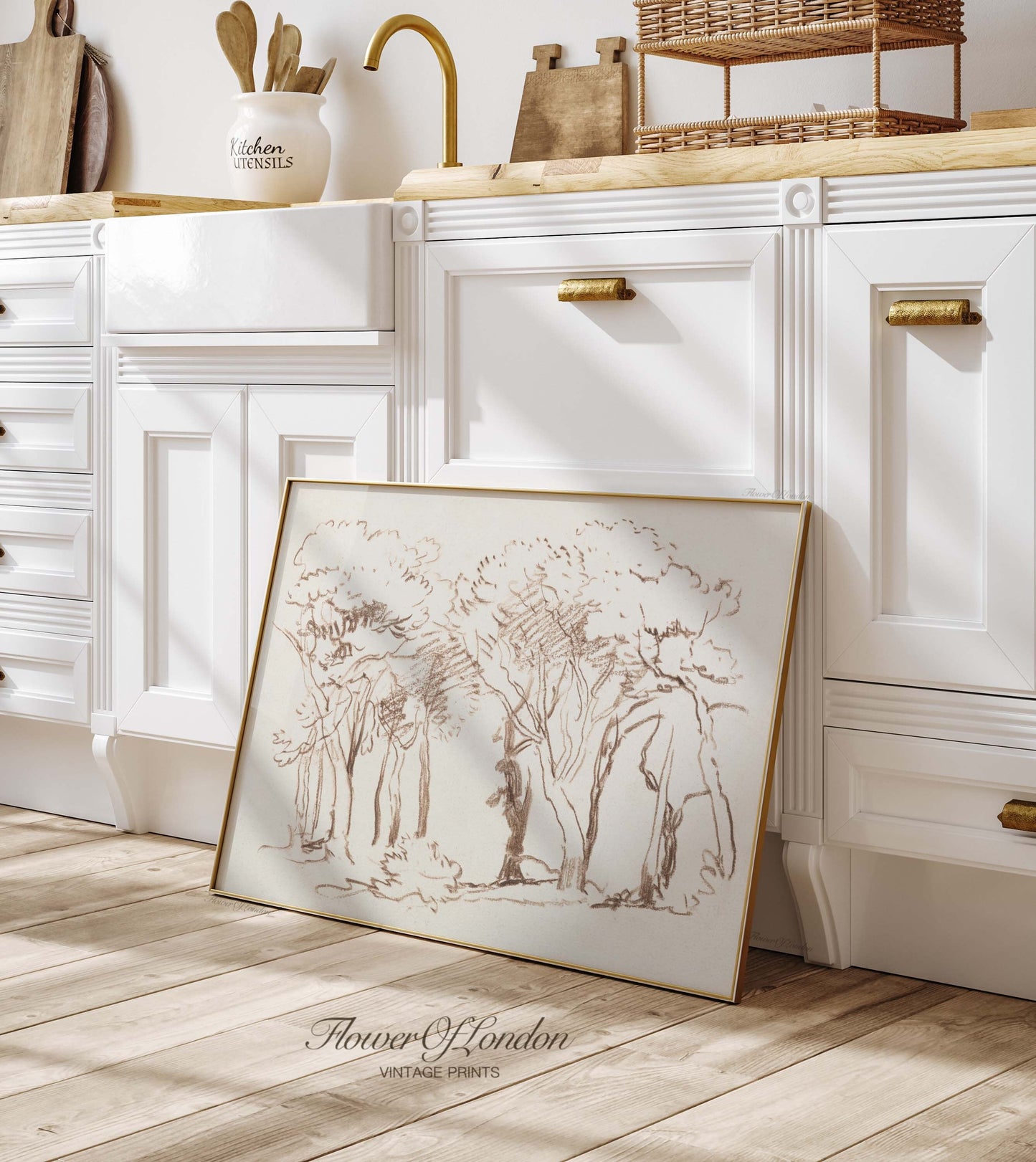 a picture frame sitting on the floor in a kitchen