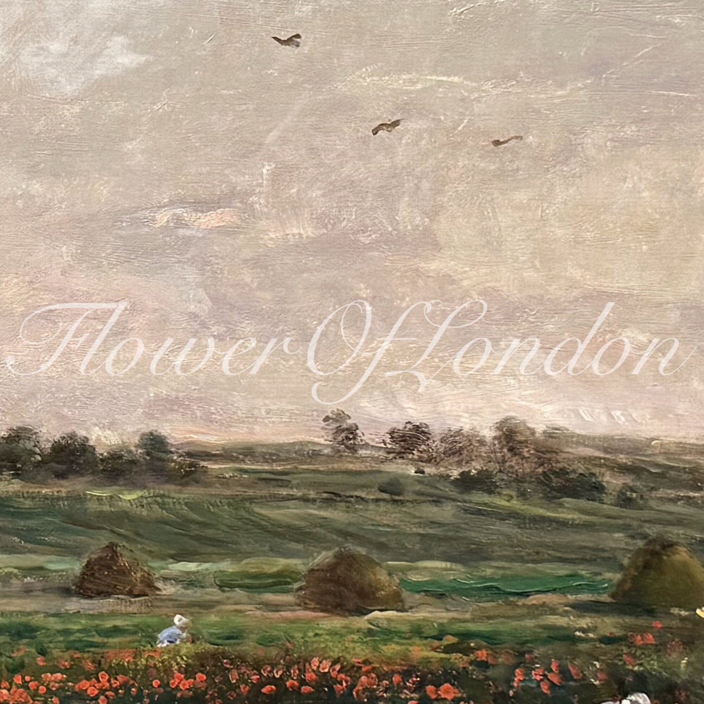 a painting of a field with flowers and birds flying over it