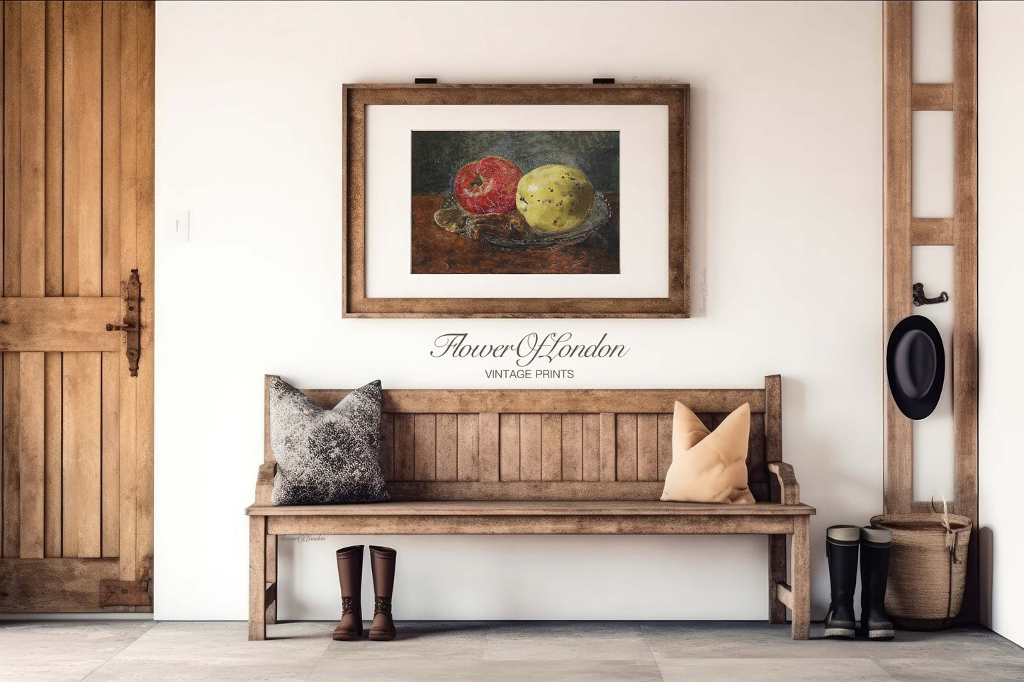 a wooden bench sitting in front of a painting on a wall