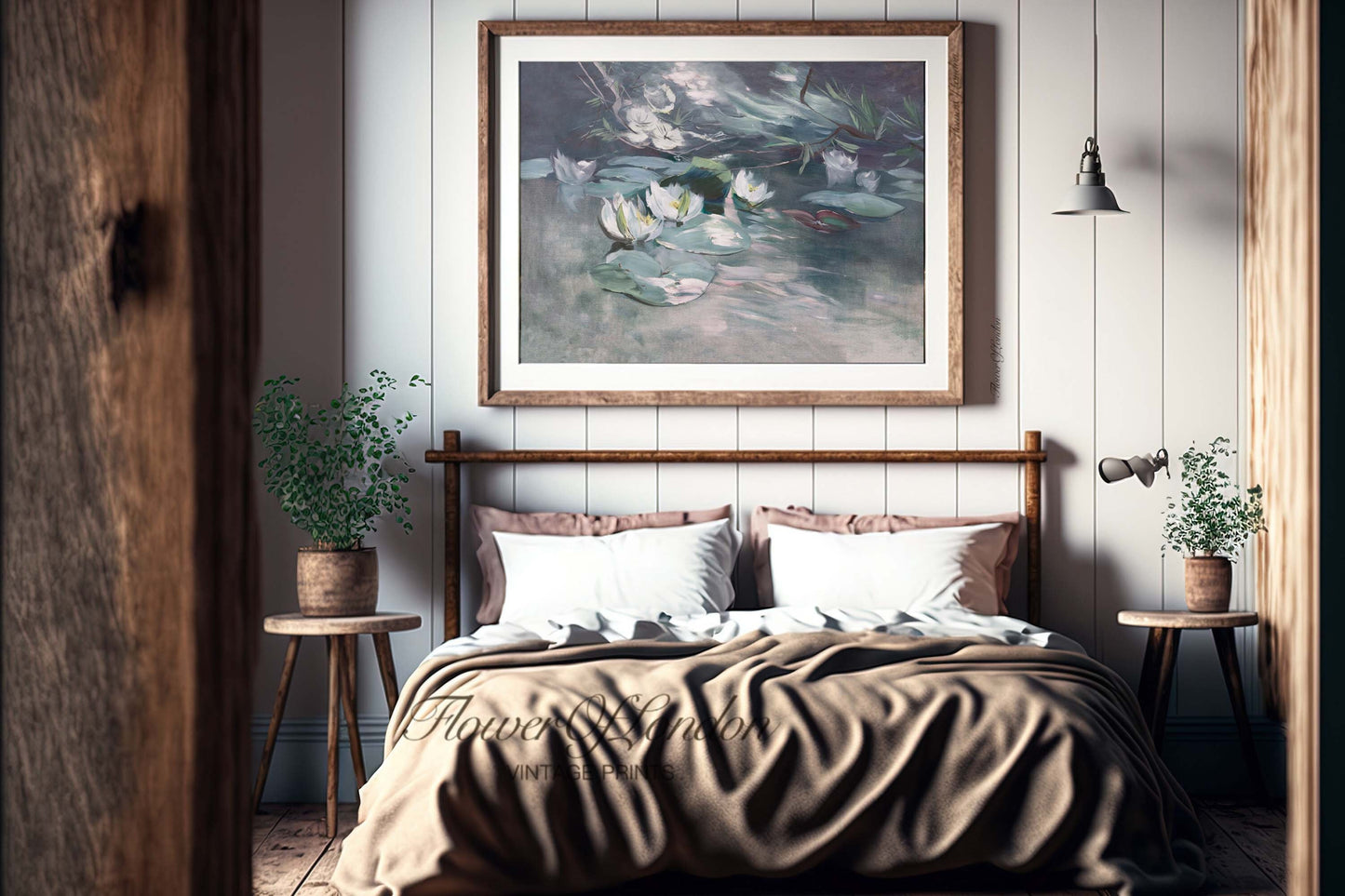 a bedroom with a bed and a painting on the wall