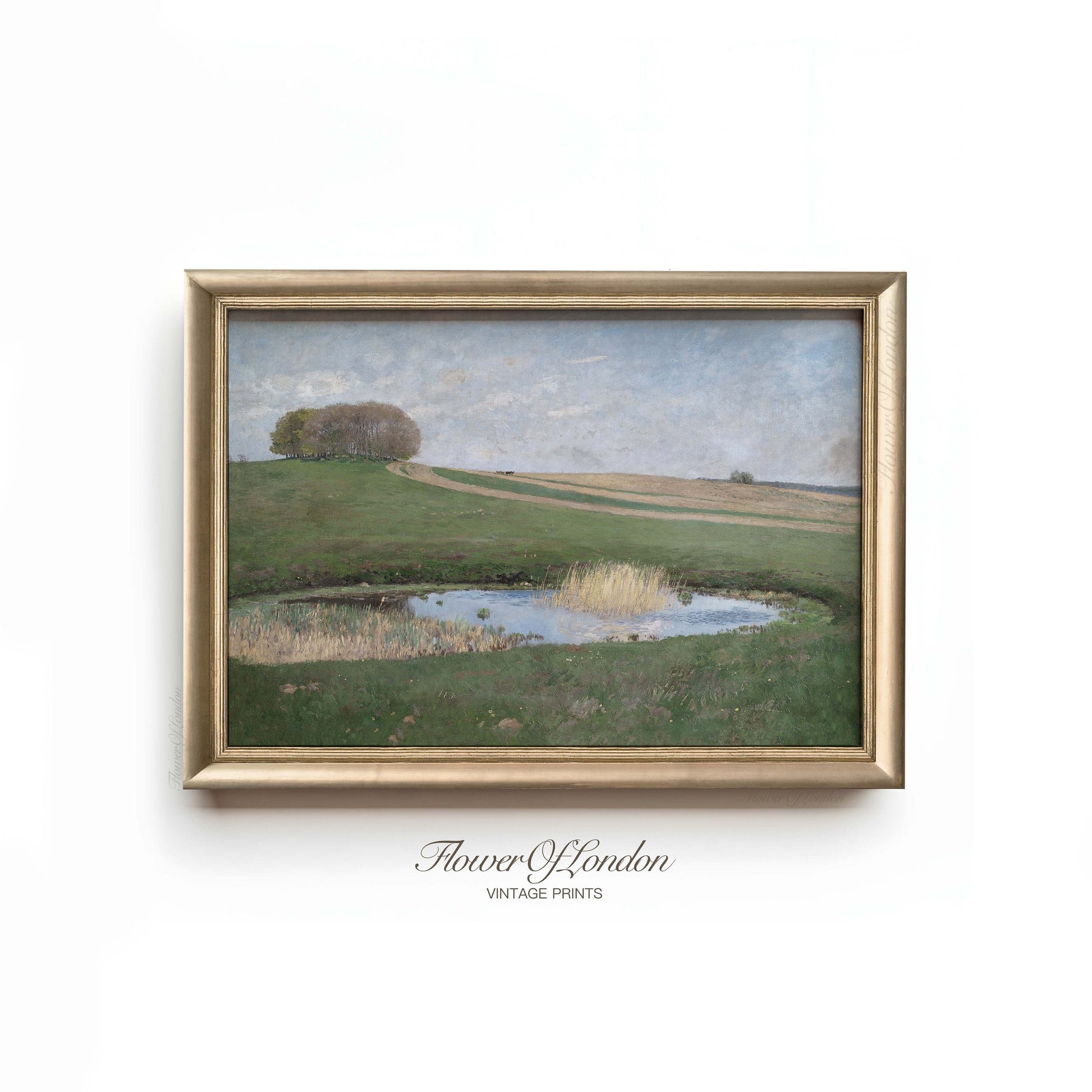 a painting of a field with a pond