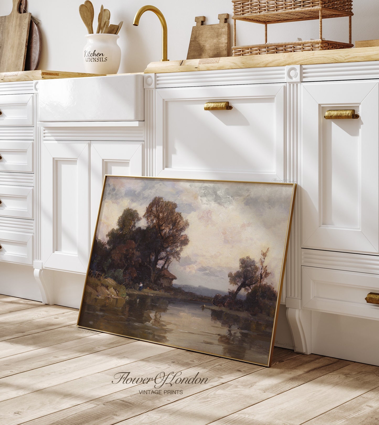 a painting of a lake in a kitchen