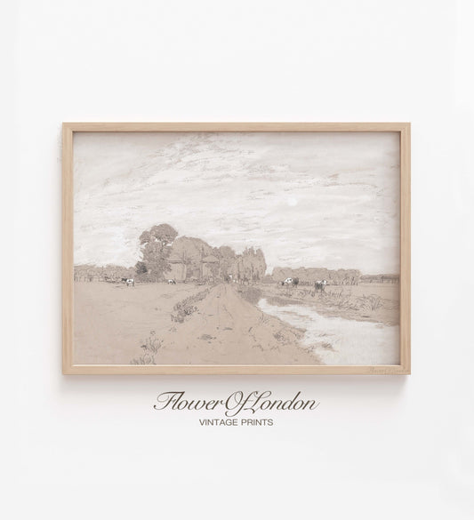 Landscape Sketch Print, Beige Rustic Country Farmhouse, Countryside Field Drawing, #198