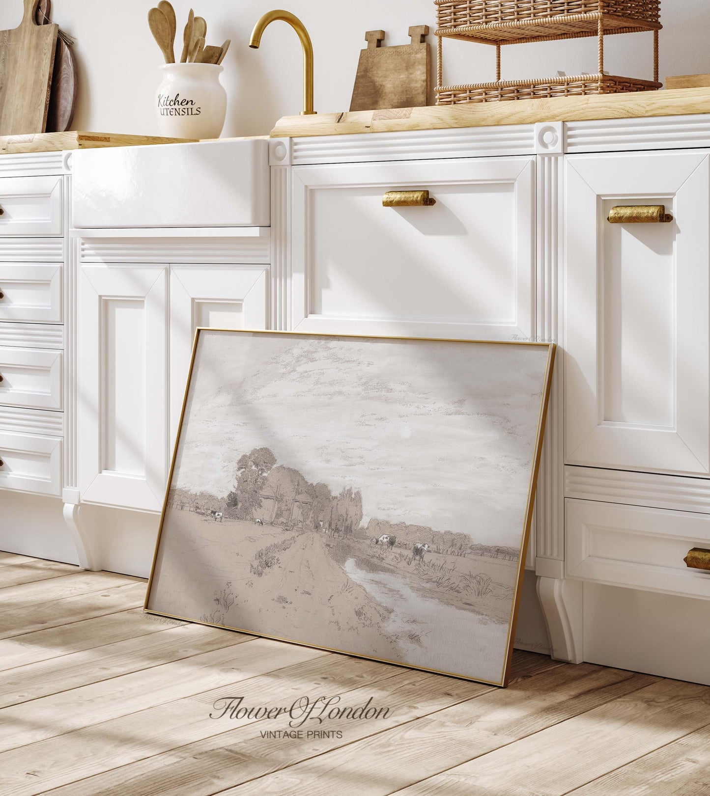 a picture frame sitting on the floor in a kitchen