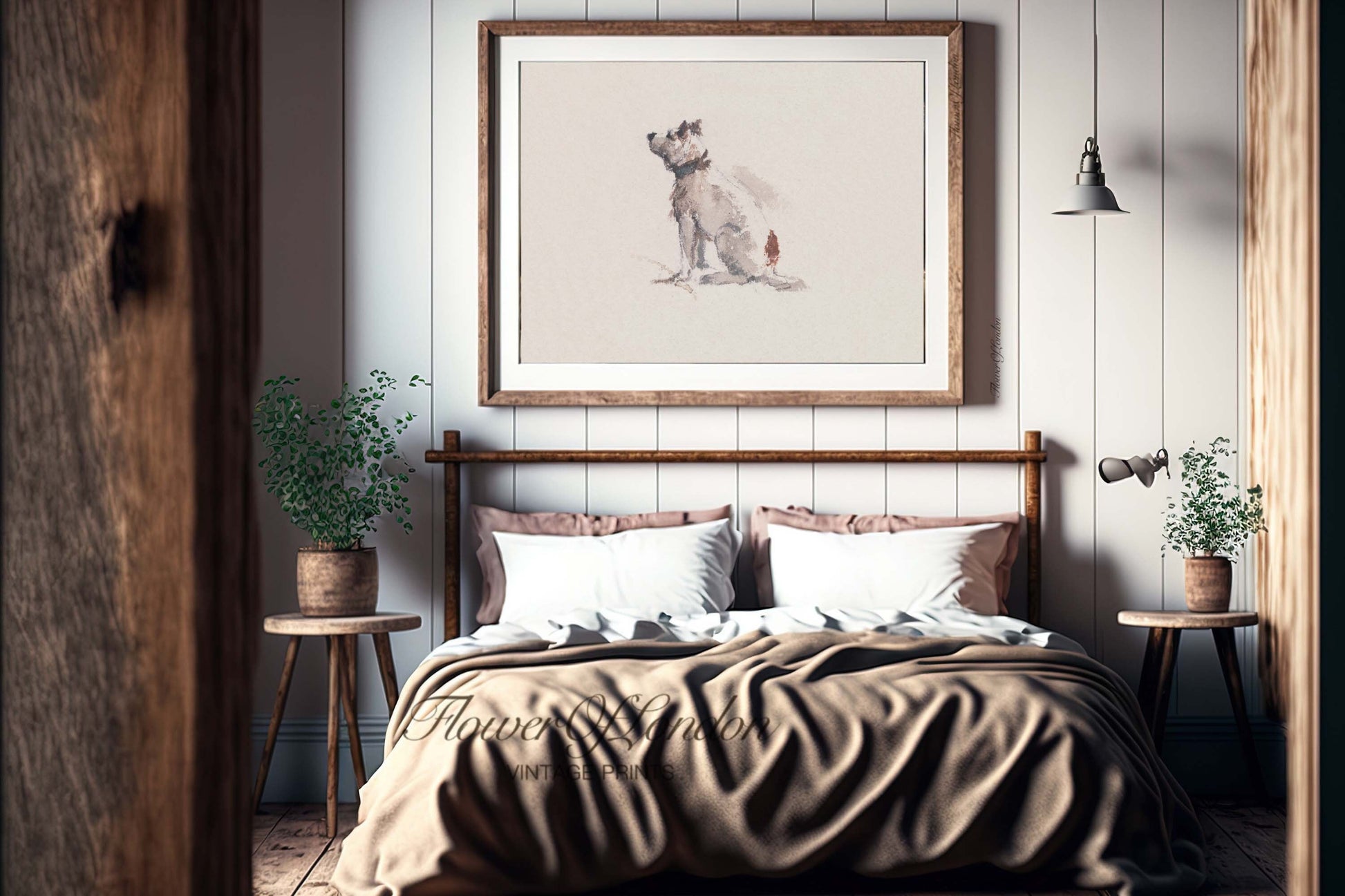 a picture of a dog on a wall above a bed