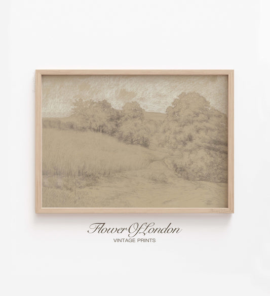 Landscape Sketch Print, Antique Neutral Beige Country Wheat Field Drawing, #257