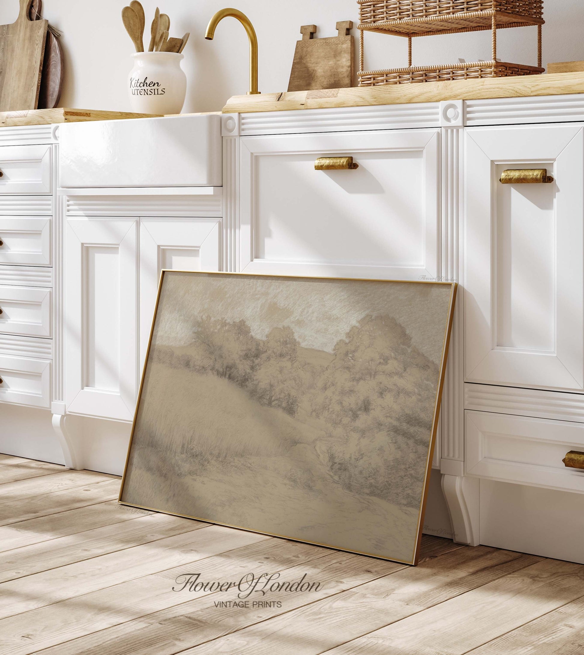 a picture frame sitting on the floor in a kitchen