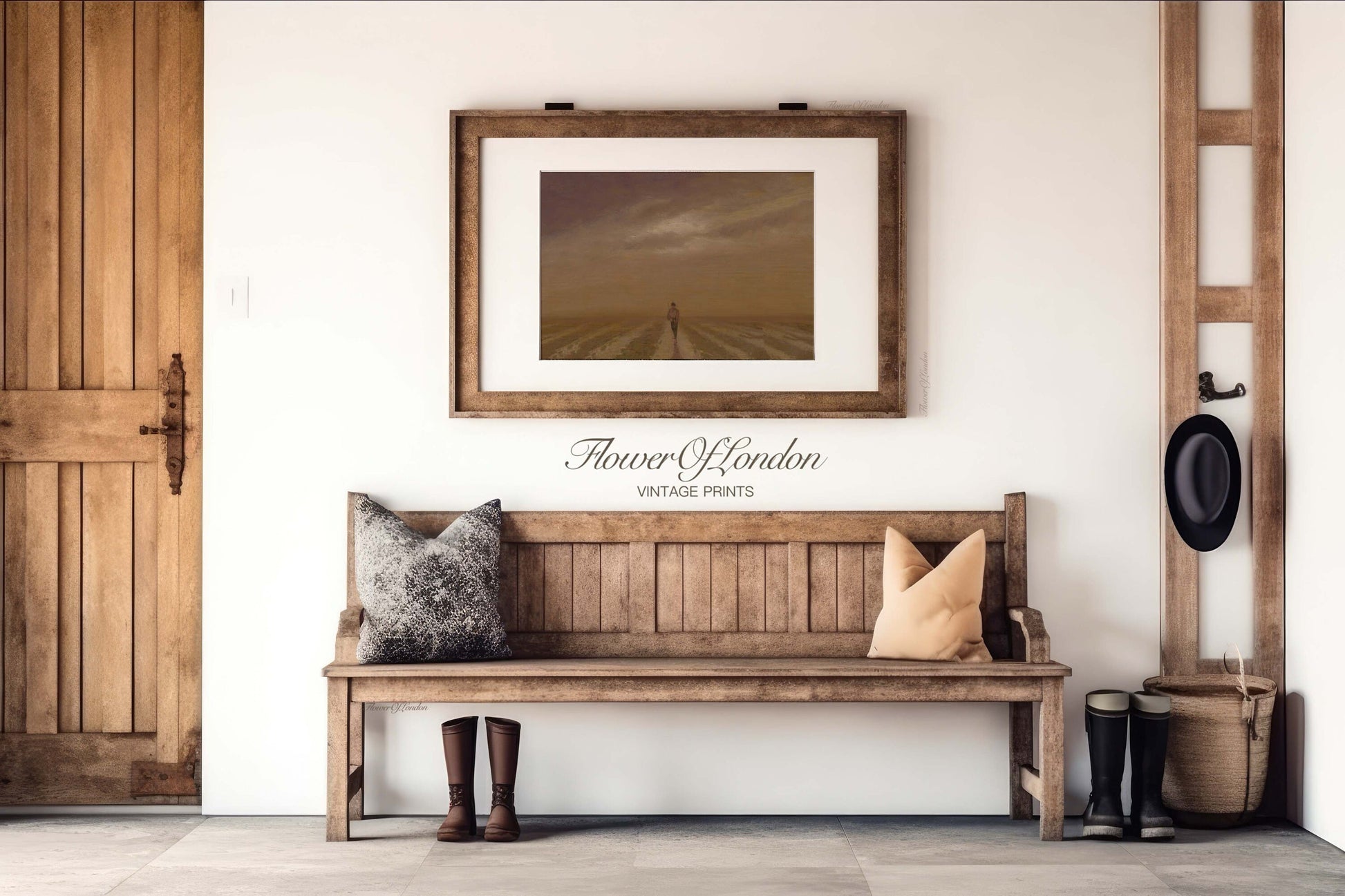 a wooden bench sitting under a picture on a wall