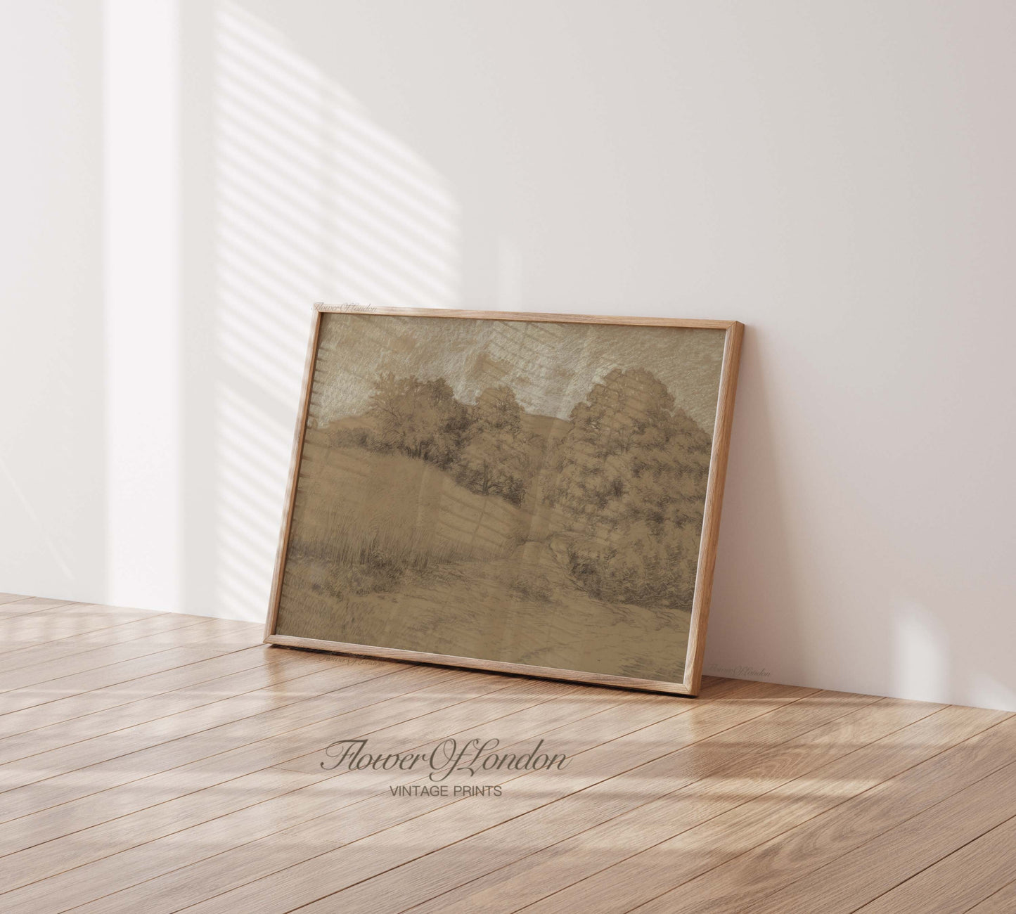 Landscape Sketch Print, Antique Neutral Beige Rustic Country Trees Harvest Field, #234