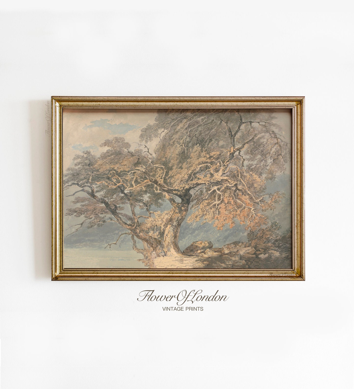 Autumn Big Tree Sketch Print, Antique Neutral Beige Rustic Lake Hilly Landscape, #182