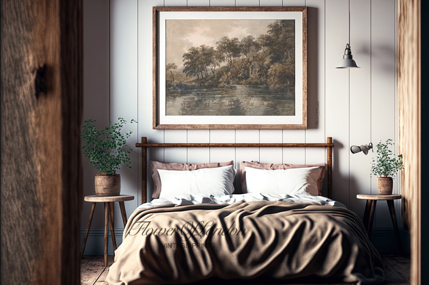 a bedroom with a picture hanging above the bed