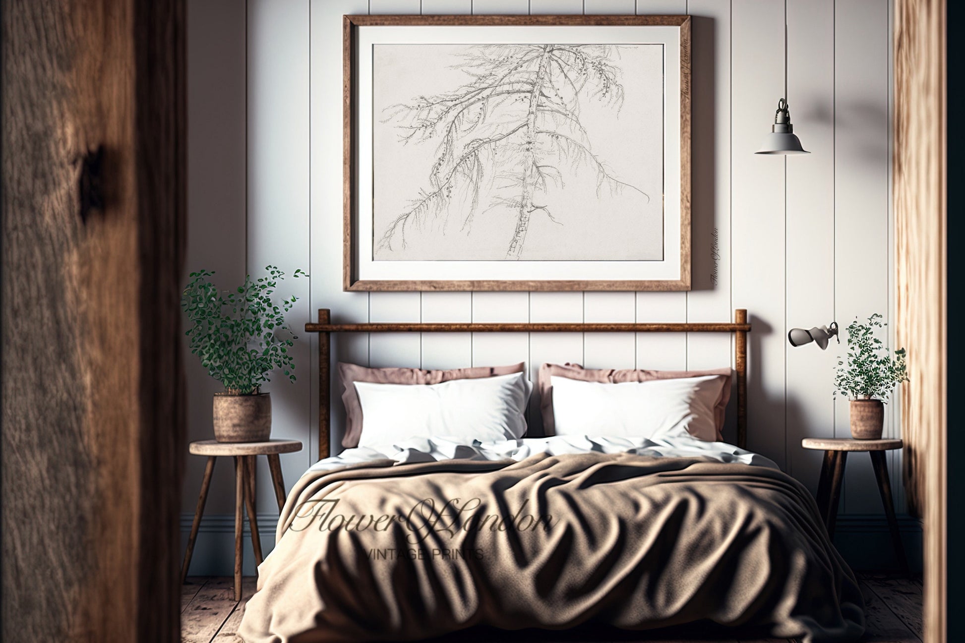 a bedroom with a picture hanging above the bed