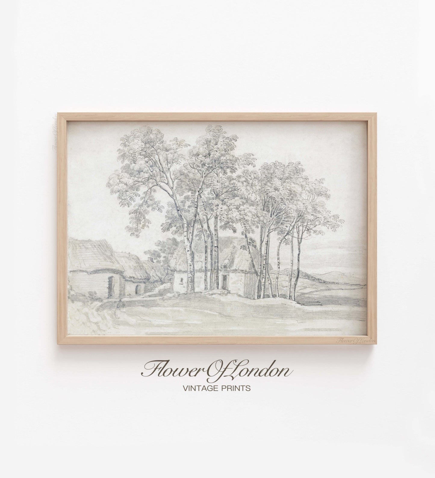 Vintage Village Sketch Print, Minimalist Rustic Farmhouse Landscape Black and White, #177