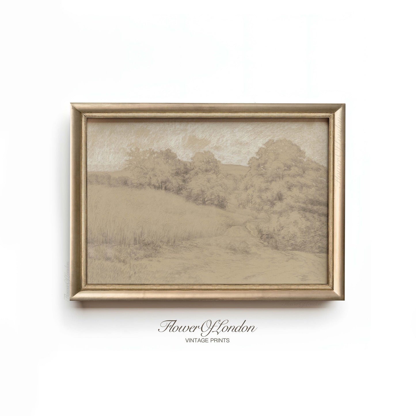 Landscape Sketch Print, Antique Neutral Beige Country Wheat Field Drawing, #257